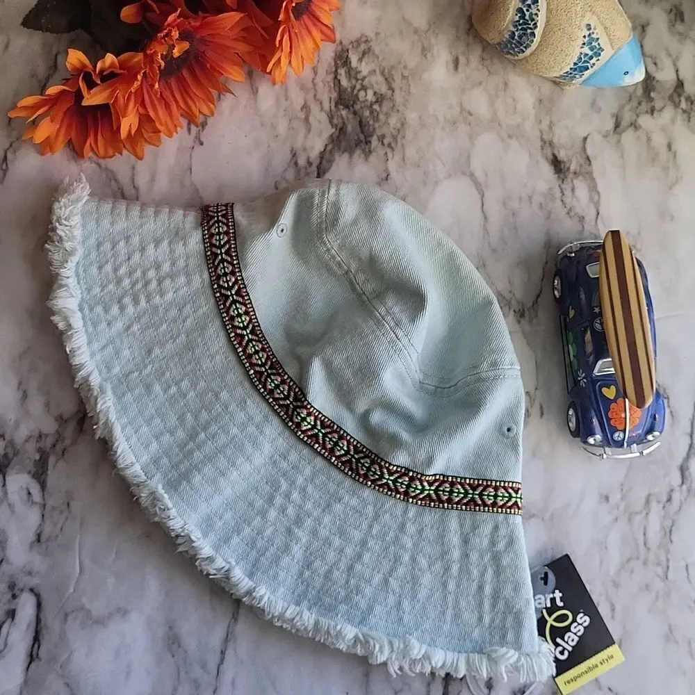 Light Blue Denim Bucket Hat Patterned Band Summer Fashion Hat